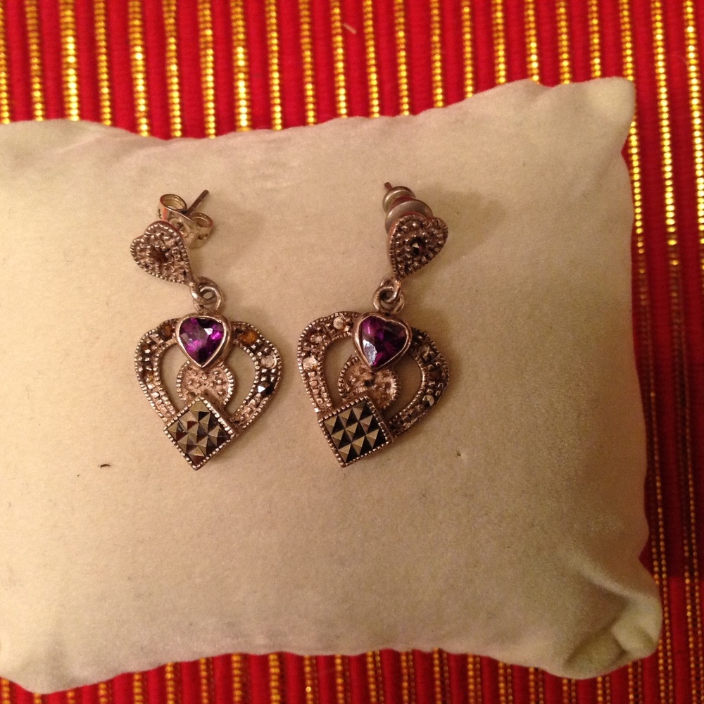 Amethyst and Marcasite SS Heart Earrings